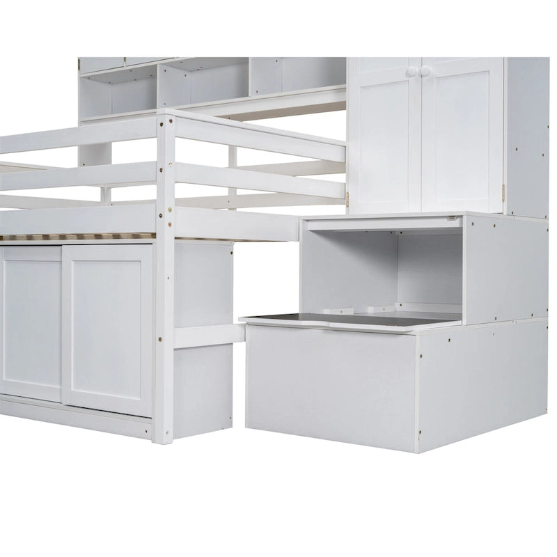 Lit mezzanine en bois blanc pleine taille avec armoire intégrée et bureau