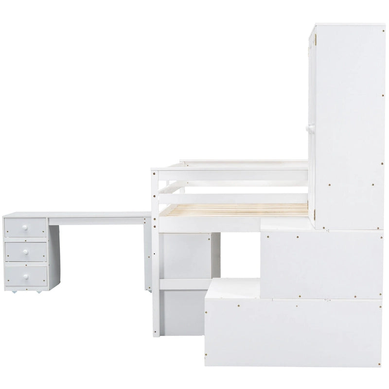 Lit mezzanine en bois blanc pleine taille avec armoire intégrée et bureau