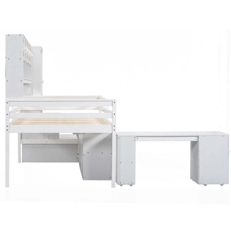 Lit mezzanine en bois blanc pleine taille avec armoire intégrée et bureau