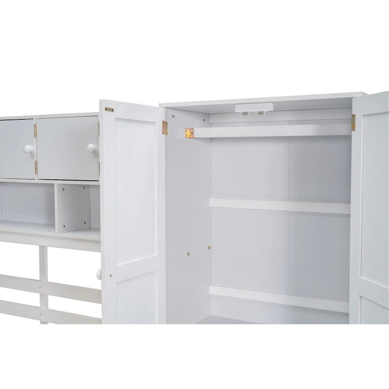 Lit mezzanine en bois blanc pleine taille avec armoire intégrée et bureau