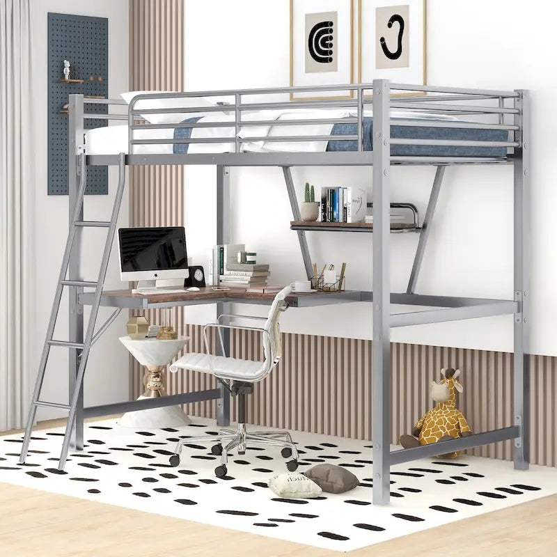 Lit mezzanine double en métal avec bureau et garde-corps