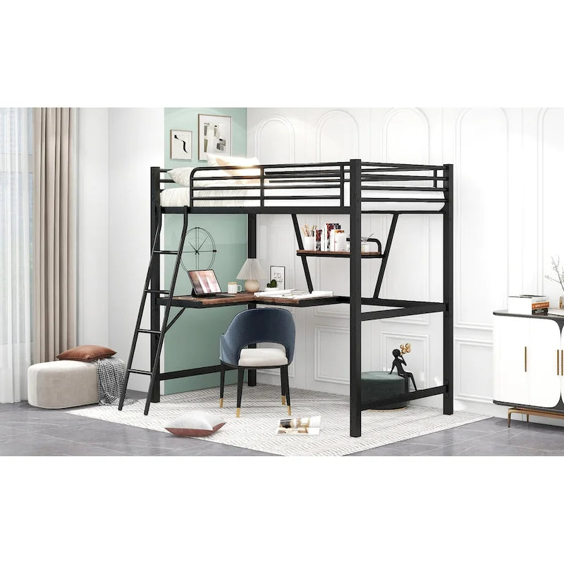 Lit mezzanine double en métal avec bureau et garde-corps