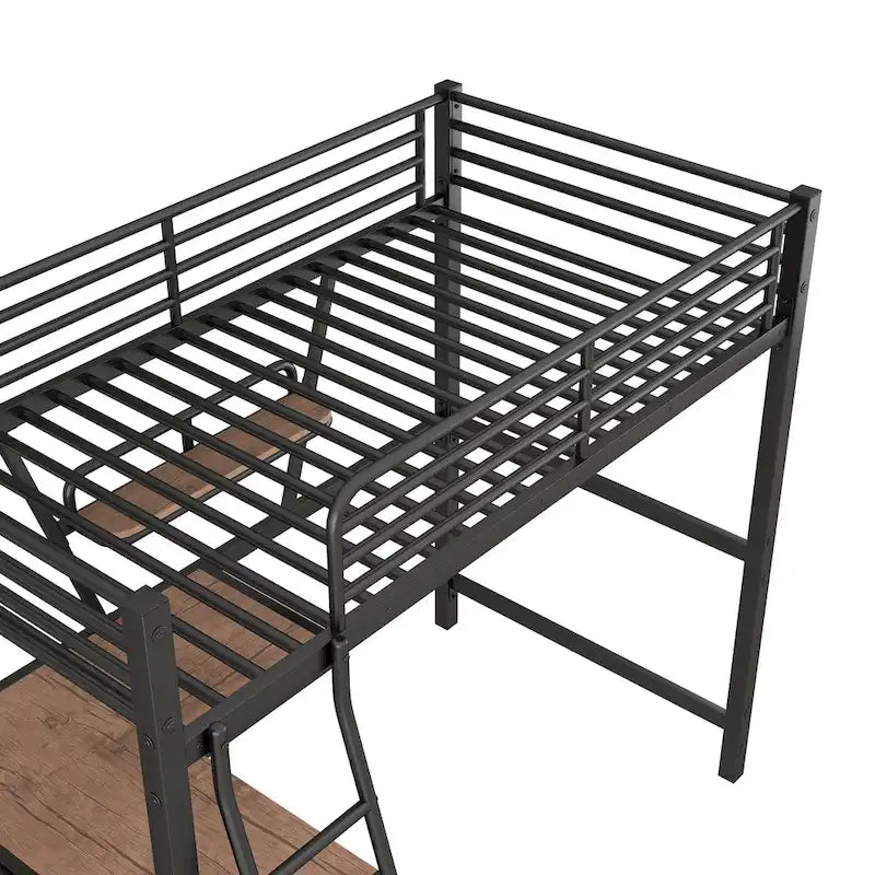 Lit mezzanine double en métal avec bureau et garde-corps