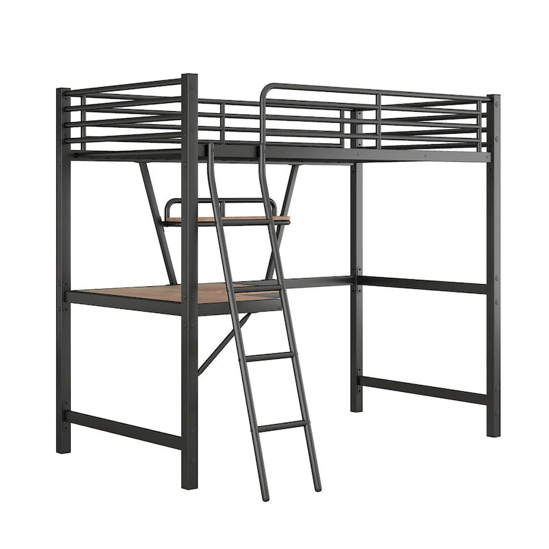 Lit mezzanine double en métal avec bureau et garde-corps