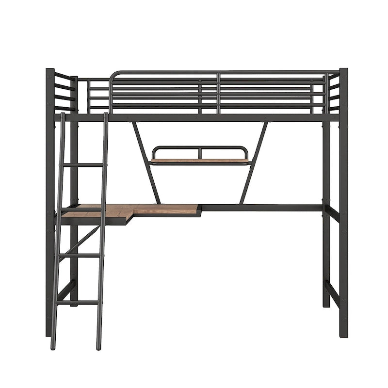 Lit mezzanine double en métal avec bureau et garde-corps