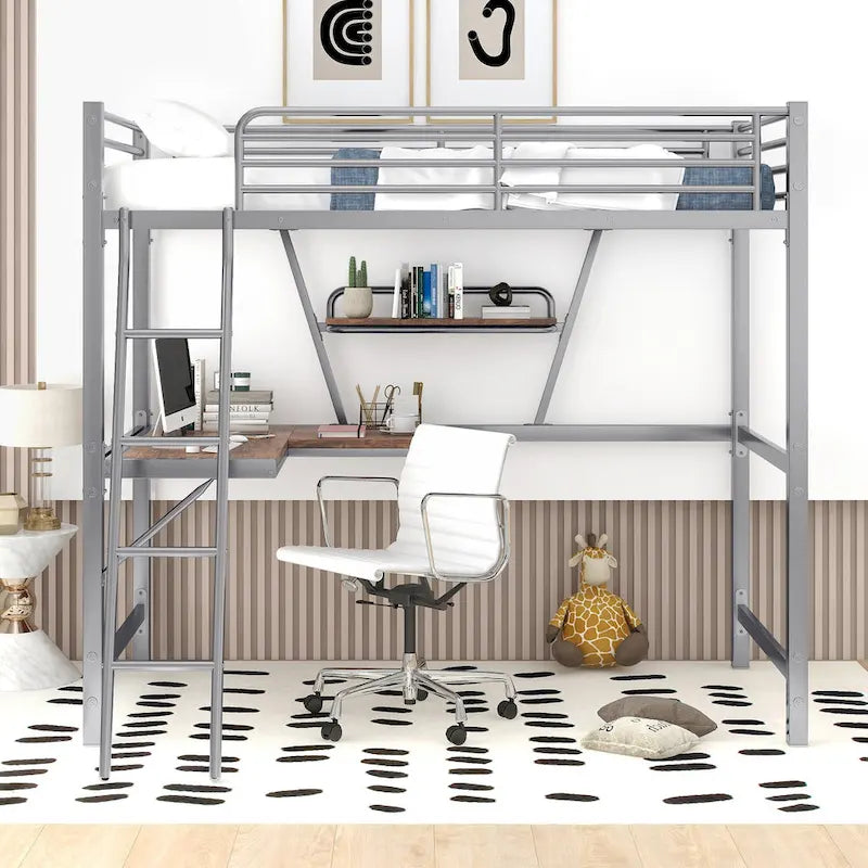 Lit mezzanine double en métal avec bureau et garde-corps