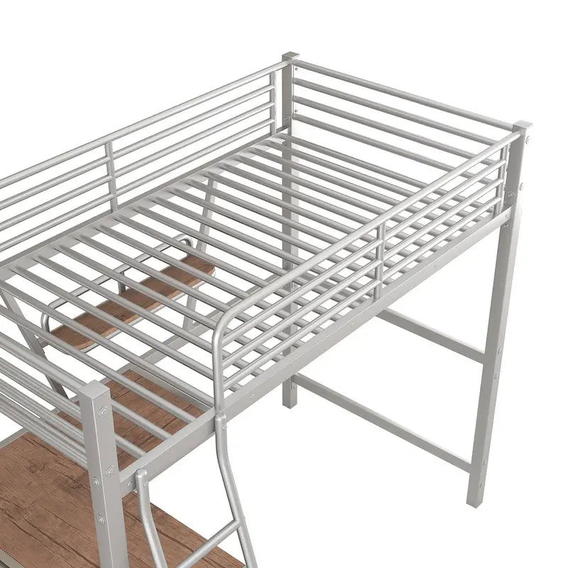 Lit mezzanine double en métal avec bureau et garde-corps
