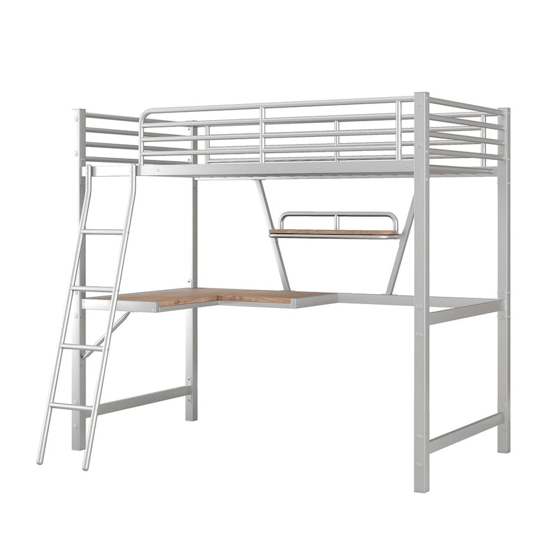 Lit mezzanine double en métal avec bureau et garde-corps