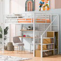 Lit mezzanine en métal avec armoire, bureau et étagères de rangement