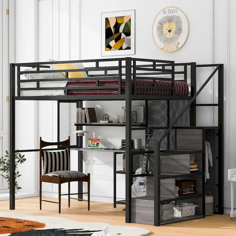 Lit mezzanine en métal avec armoire, bureau et étagères de rangement
