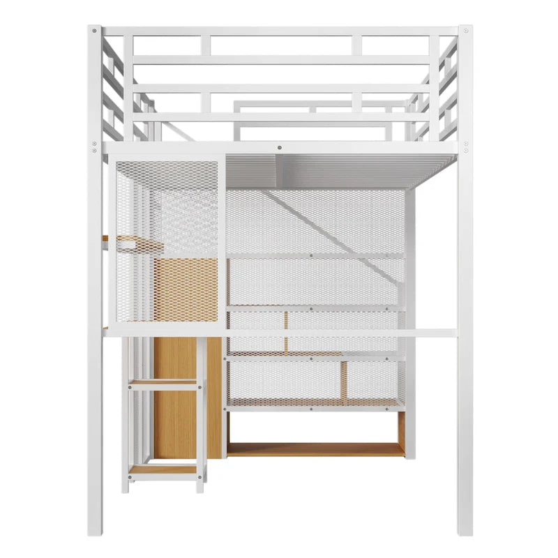 Lit mezzanine en métal avec armoire, bureau et étagères de rangement