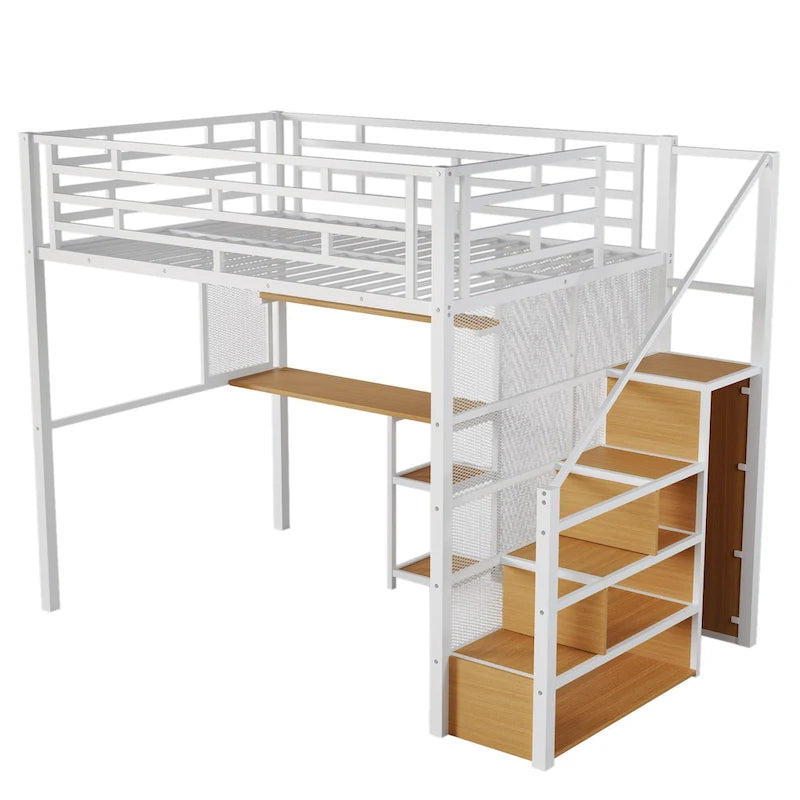 Lit mezzanine en métal avec armoire, bureau et étagères de rangement