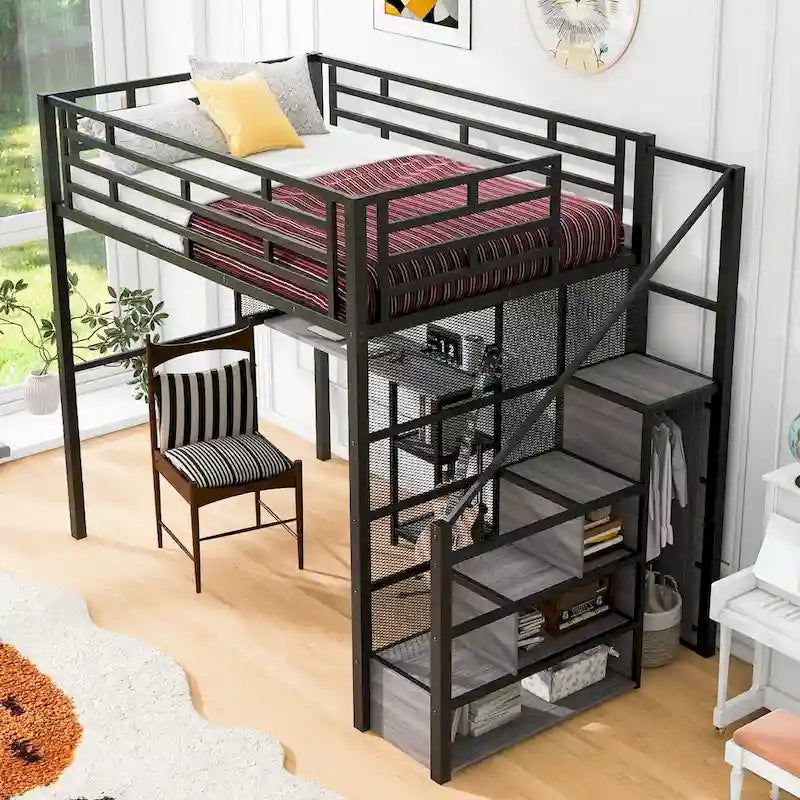 Lit mezzanine en métal avec armoire, bureau et étagères de rangement