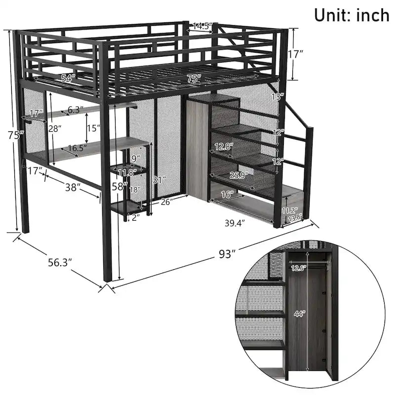 Lit mezzanine en métal avec armoire, bureau et étagères de rangement