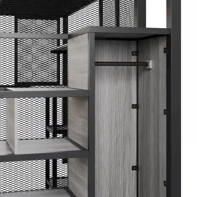 Lit mezzanine en métal avec armoire, bureau et étagères de rangement