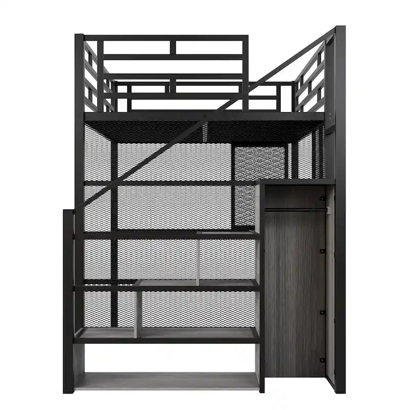 Lit mezzanine en métal avec armoire, bureau et étagères de rangement
