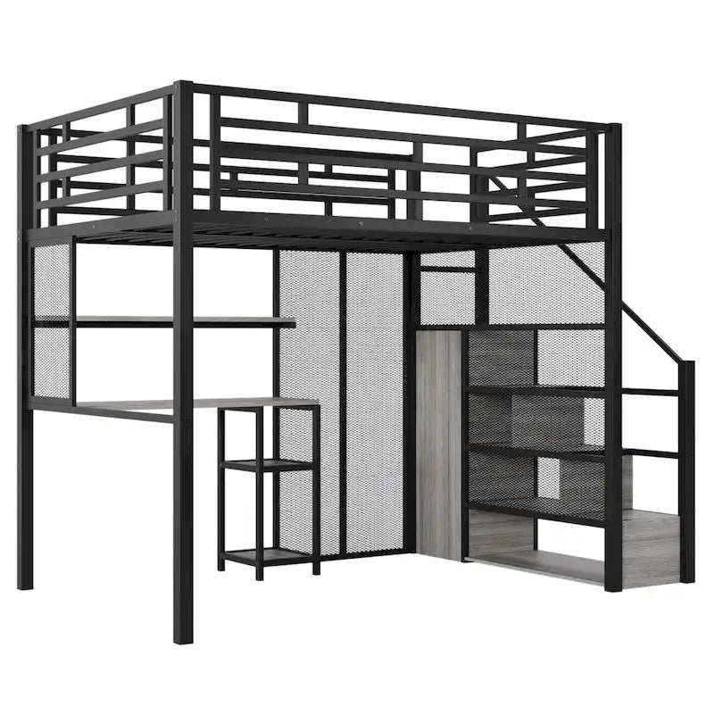 Lit mezzanine en métal avec armoire, bureau et étagères de rangement