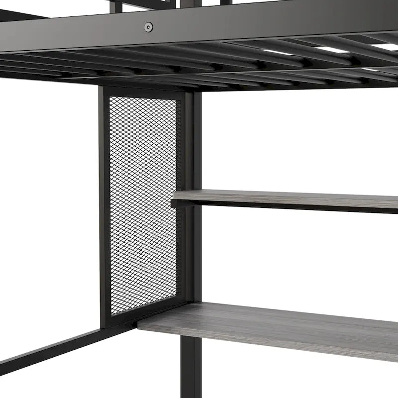 Lit mezzanine en métal avec armoire, bureau et étagères de rangement