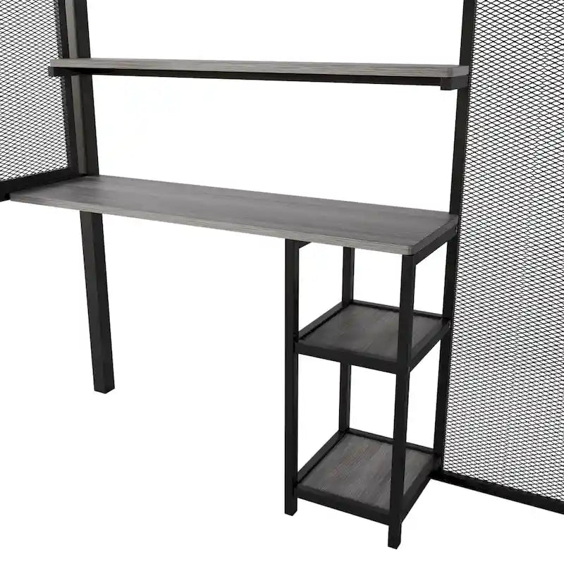 Lit mezzanine en métal avec armoire, bureau et étagères de rangement