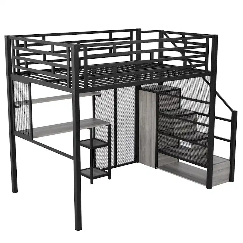 Lit mezzanine en métal avec armoire, bureau et étagères de rangement