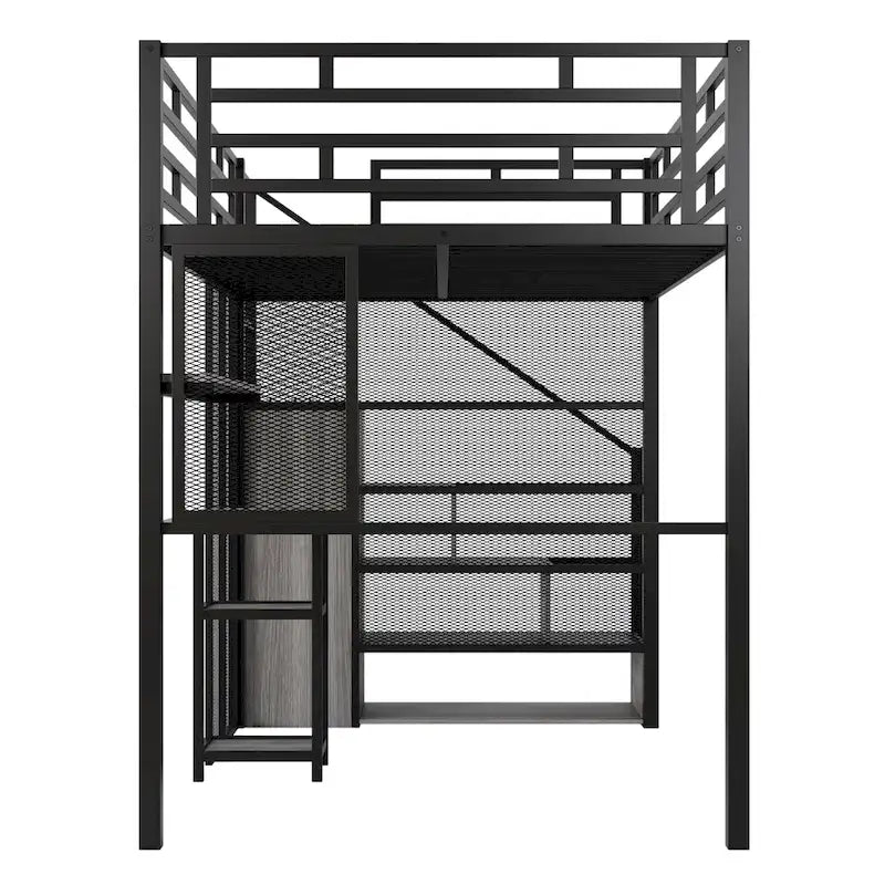 Lit mezzanine en métal avec armoire, bureau et étagères de rangement