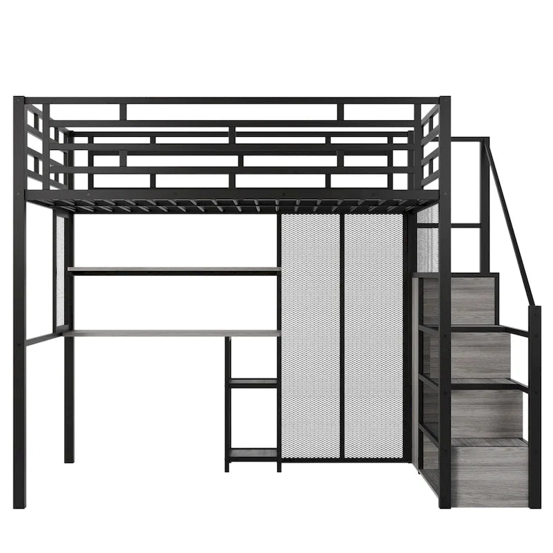 Lit mezzanine en métal avec armoire, bureau et étagères de rangement