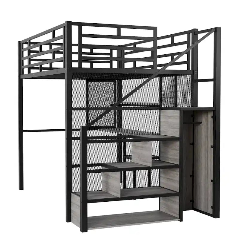 Lit mezzanine en métal avec armoire, bureau et étagères de rangement