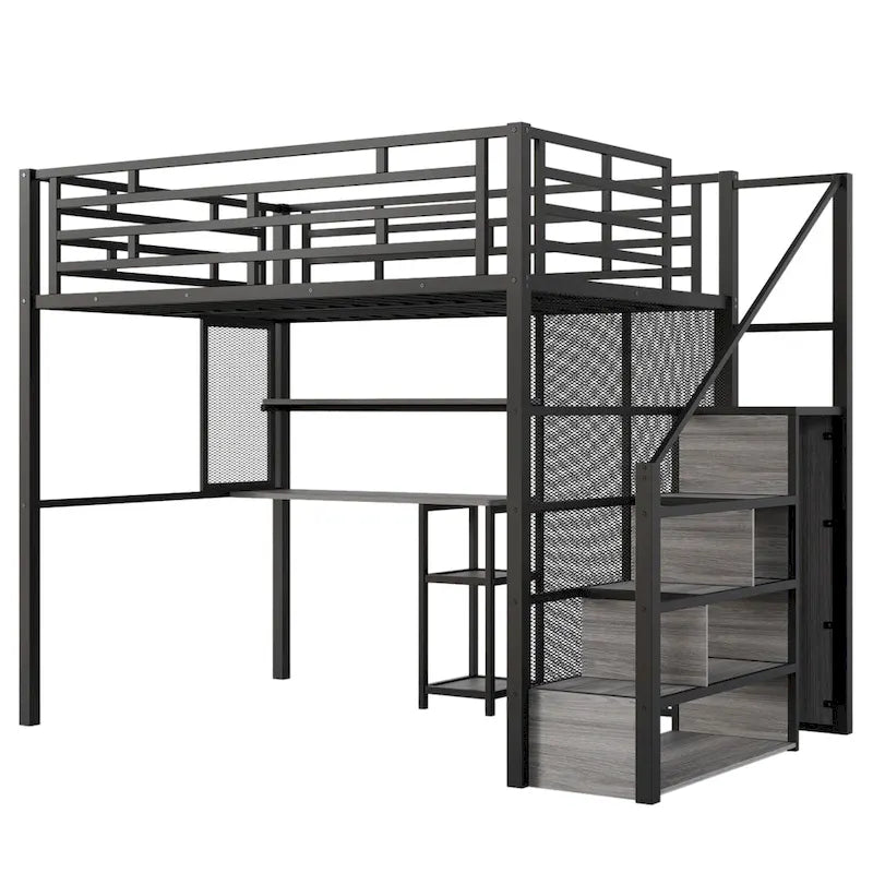 Lit mezzanine en métal avec armoire, bureau et étagères de rangement