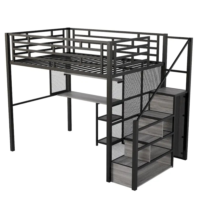 Lit mezzanine en métal avec armoire, bureau et étagères de rangement