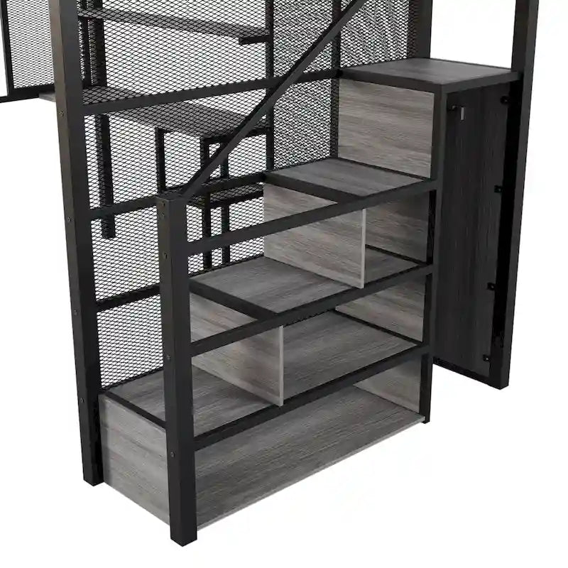 Lit mezzanine en métal avec armoire, bureau et étagères de rangement