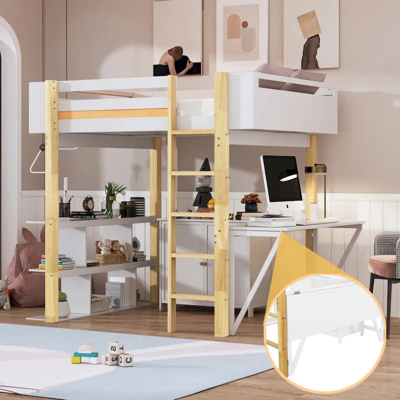 Lit mezzanine en bois massif blanc pleine grandeur avec rangement intégré et bureau pliable
