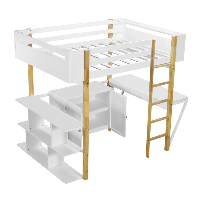 White Full Size Solid Wood Loft Bed with Built-in Storage and Foldable Desk
