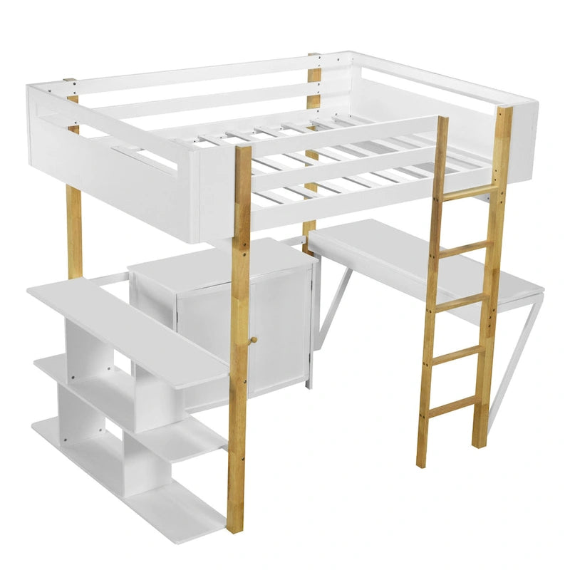 Lit mezzanine en bois massif blanc pleine grandeur avec rangement intégré et bureau pliable