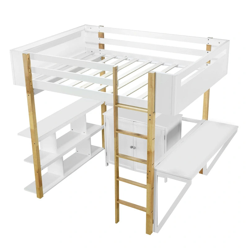 Lit mezzanine en bois massif blanc pleine grandeur avec rangement intégré et bureau pliable