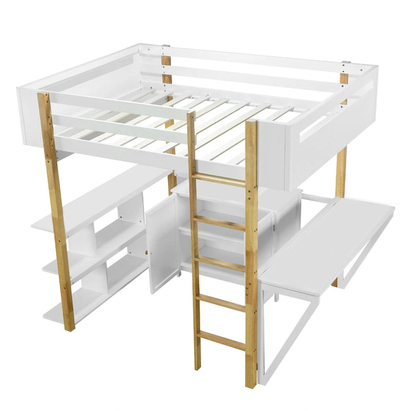 Lit mezzanine en bois massif blanc pleine grandeur avec rangement intégré et bureau pliable