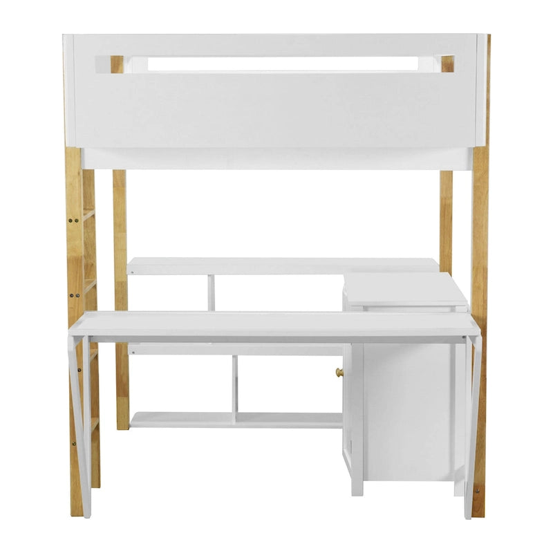 Lit mezzanine en bois massif blanc pleine grandeur avec rangement intégré et bureau pliable