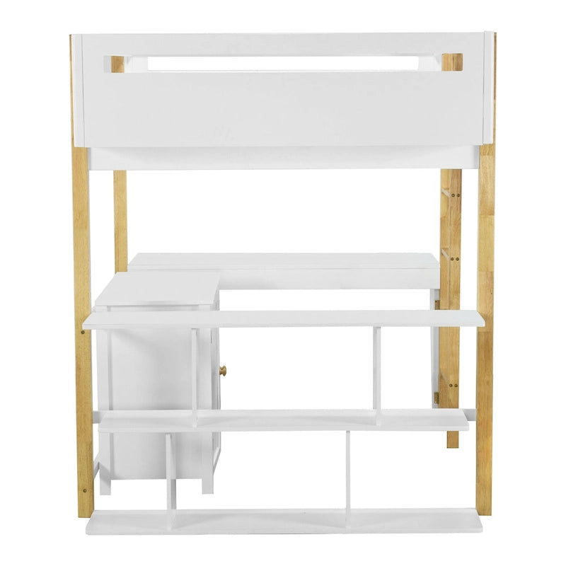 Lit mezzanine en bois massif blanc pleine grandeur avec rangement intégré et bureau pliable