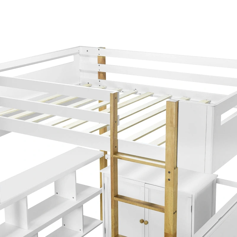 Lit mezzanine en bois massif blanc pleine grandeur avec rangement intégré et bureau pliable