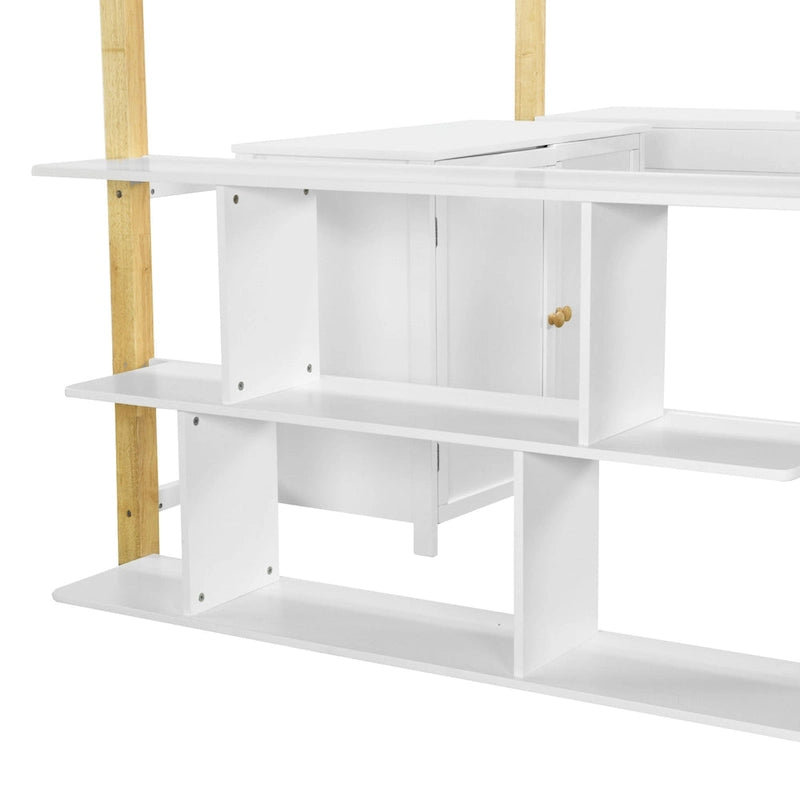 Lit mezzanine en bois massif blanc pleine grandeur avec rangement intégré et bureau pliable