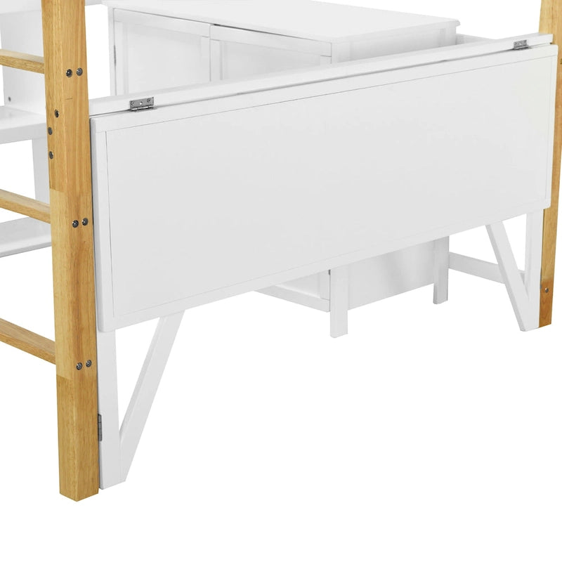 Lit mezzanine en bois massif blanc pleine grandeur avec rangement intégré et bureau pliable