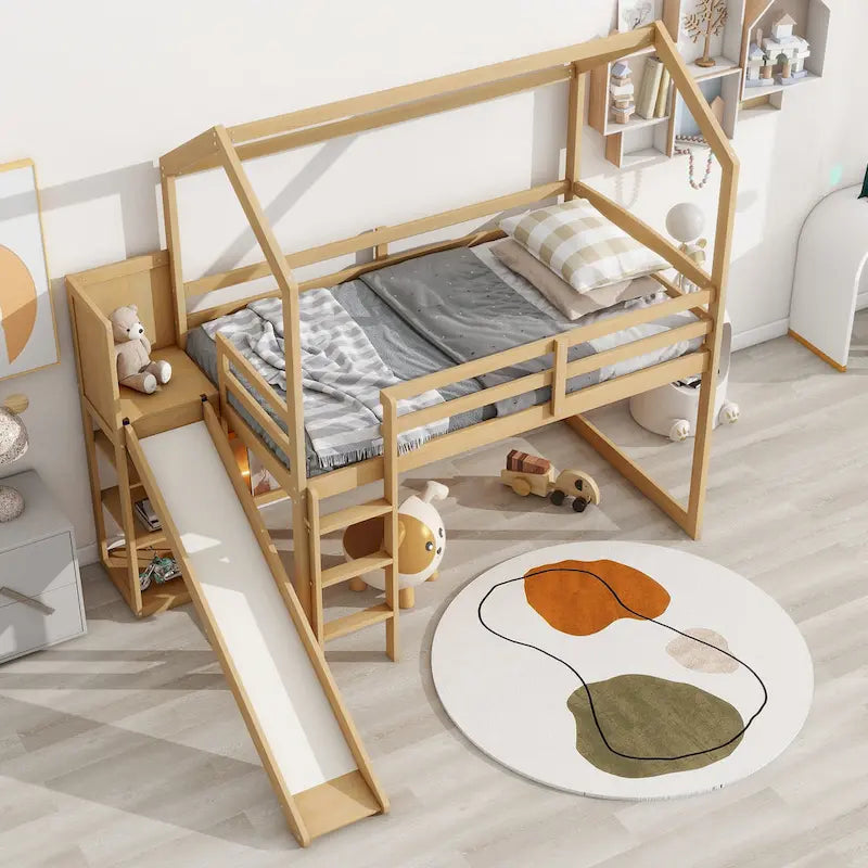 Lit mezzanine cabane en bois double avec toboggan
