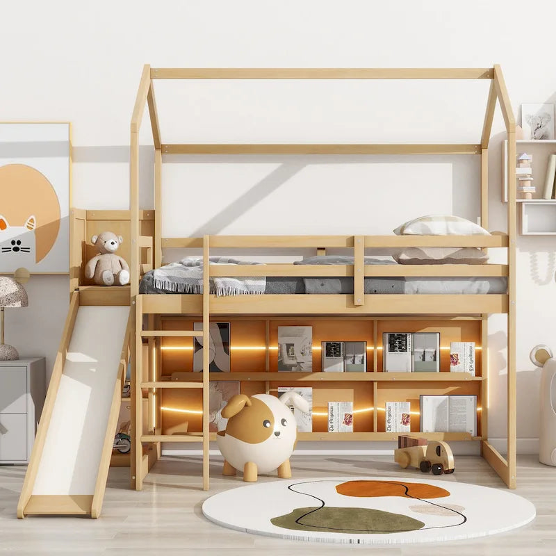 Lit mezzanine cabane en bois double avec toboggan