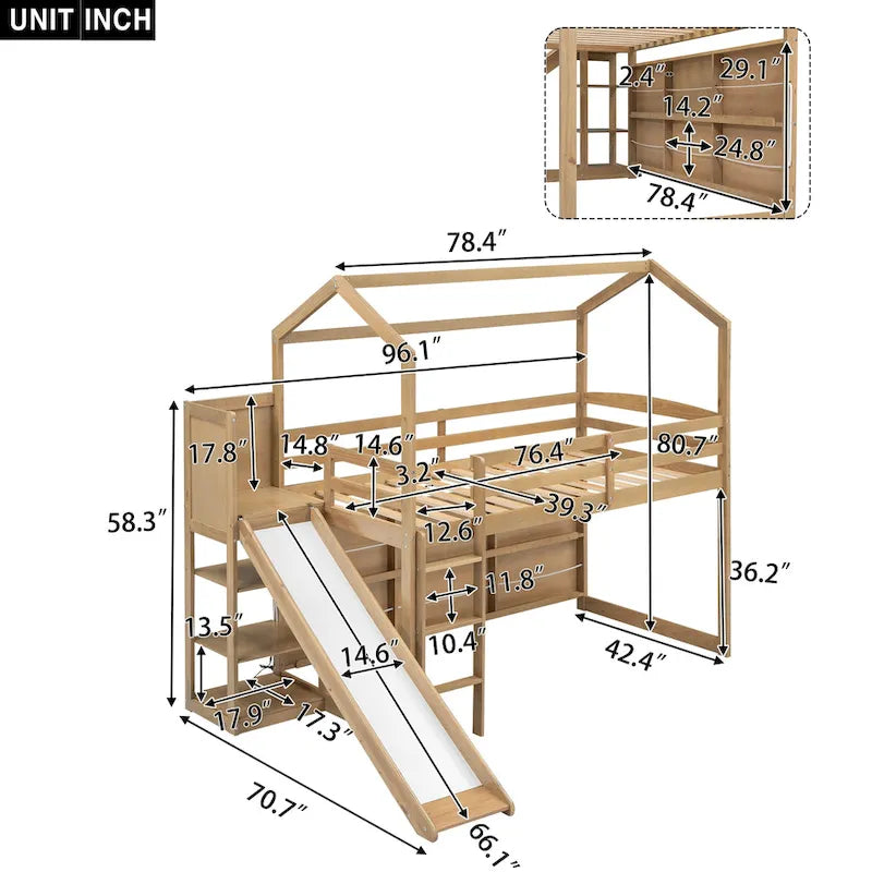 Lit mezzanine cabane en bois double avec toboggan