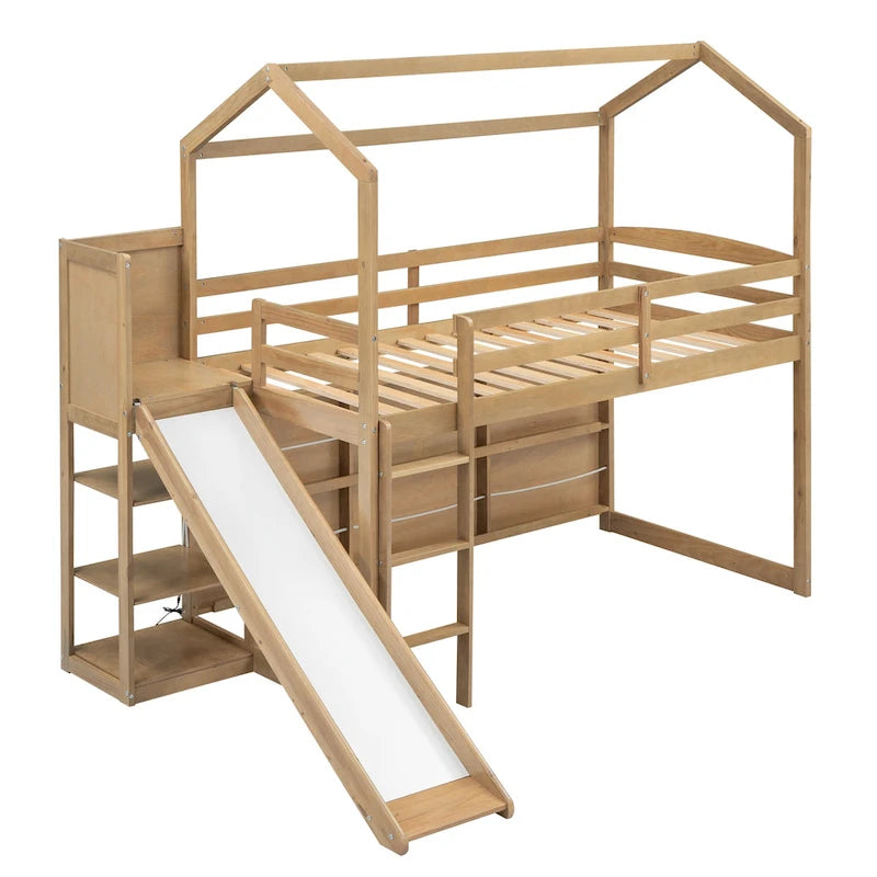 Lit mezzanine cabane en bois double avec toboggan
