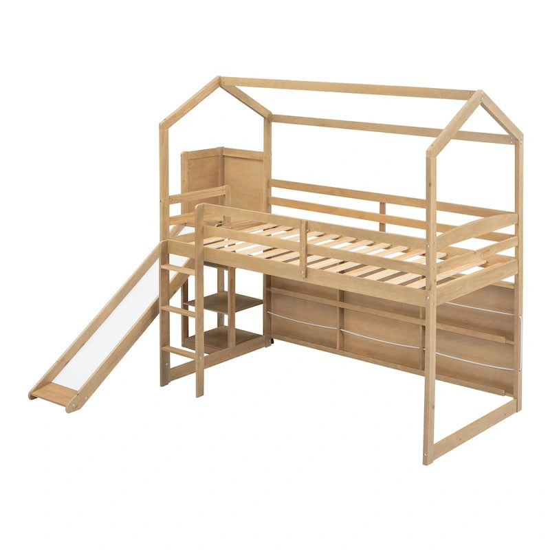Lit mezzanine cabane en bois double avec toboggan
