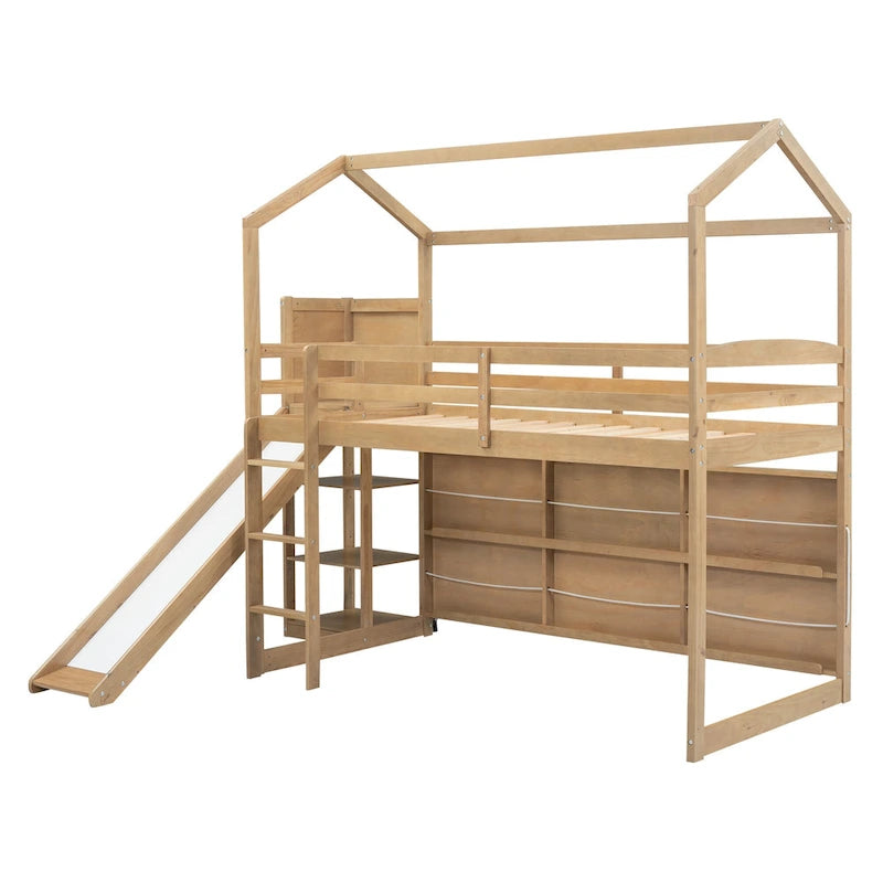 Lit mezzanine cabane en bois double avec toboggan