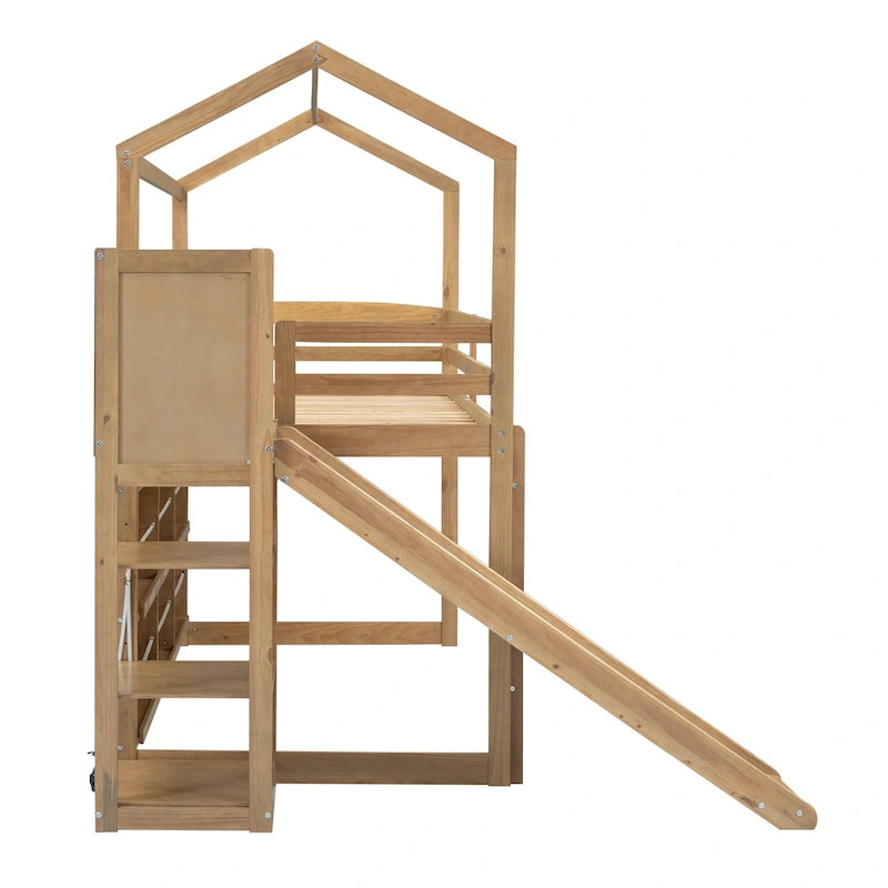 Lit mezzanine cabane en bois double avec toboggan
