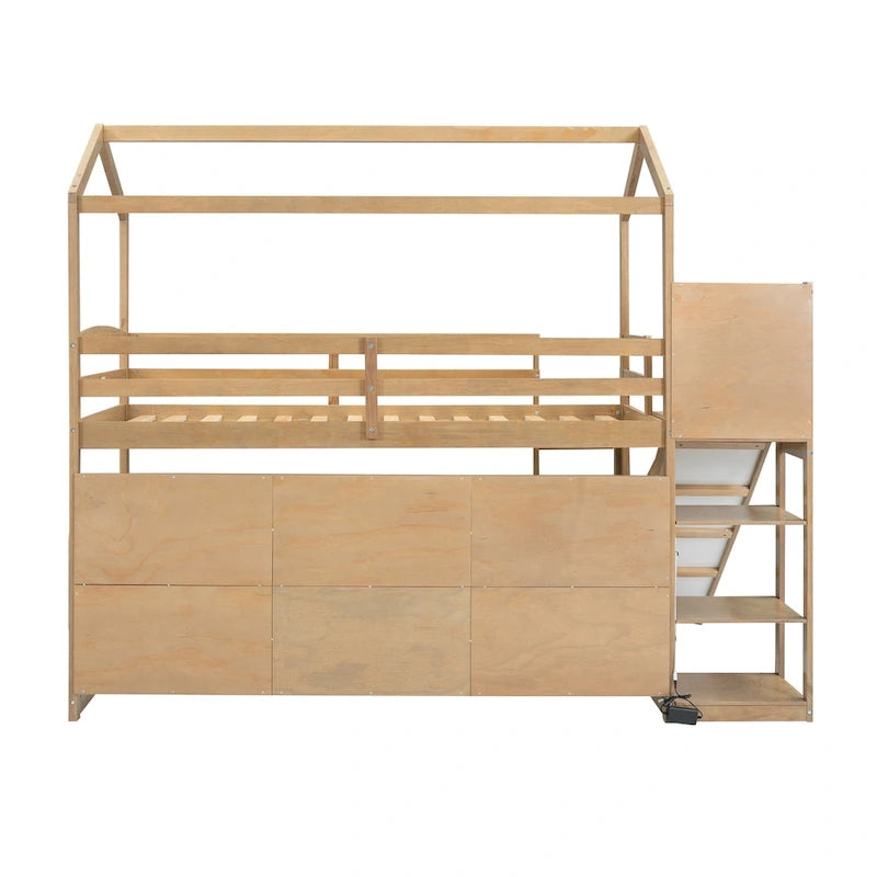 Lit mezzanine cabane en bois double avec toboggan