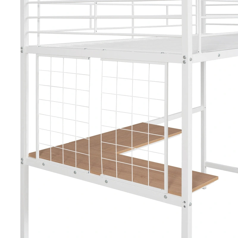 Lit mezzanine blanc simple en métal avec bureau, échelle et grille métallique pour enfants