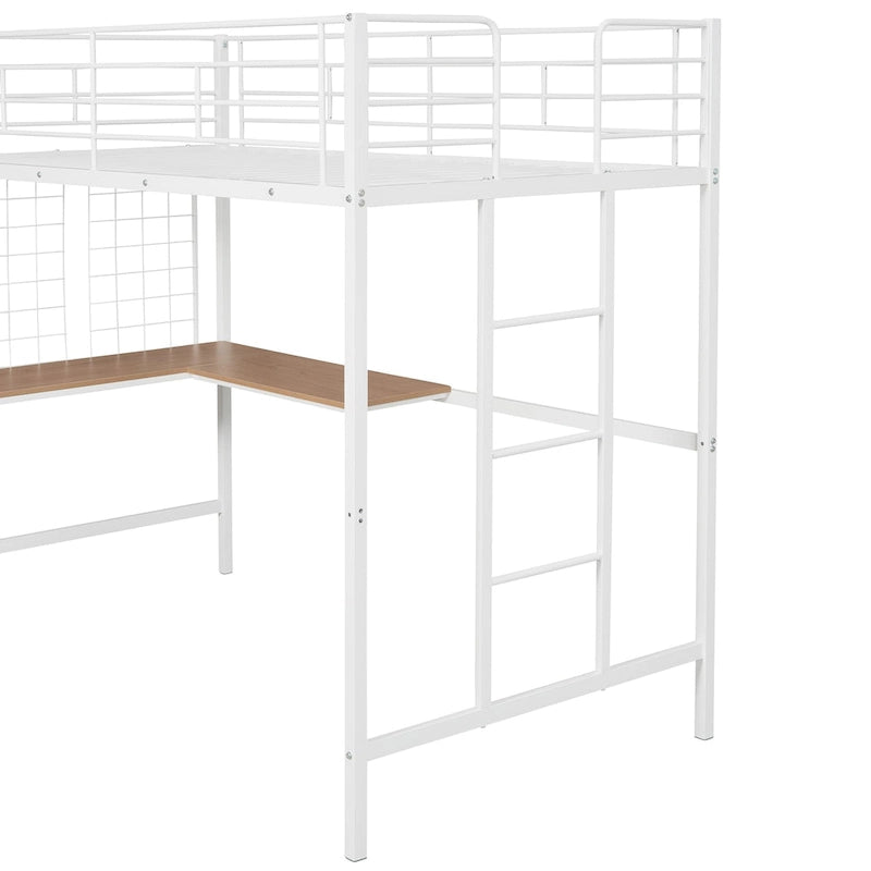 Lit mezzanine blanc simple en métal avec bureau, échelle et grille métallique pour enfants